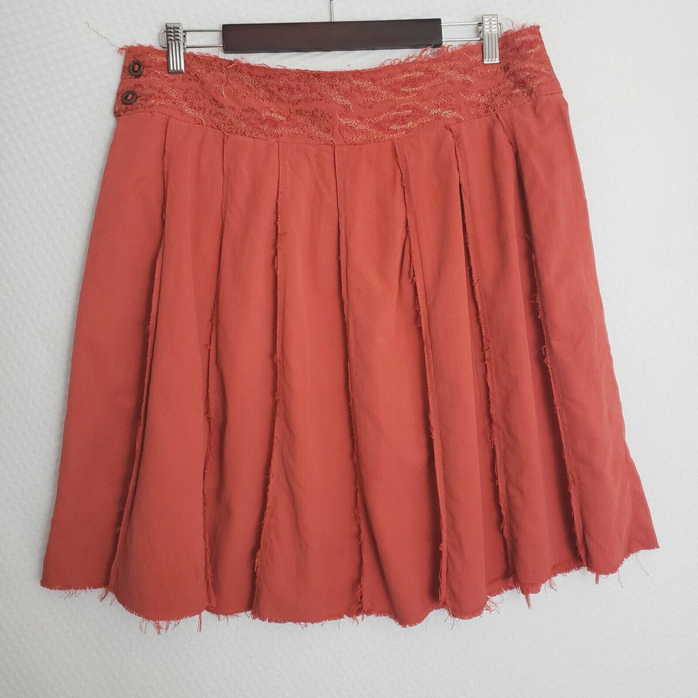 Vintage Da Nang Pleated Skirt Red Orange Grunge Skater Size L Boho Raw Edges